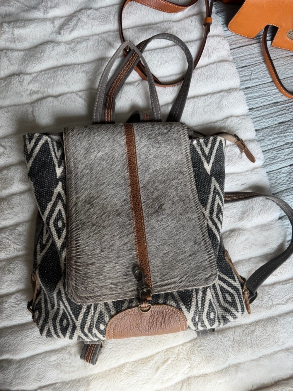 Textured Black & Gray Patterned Women's Backpack with Brown Trim